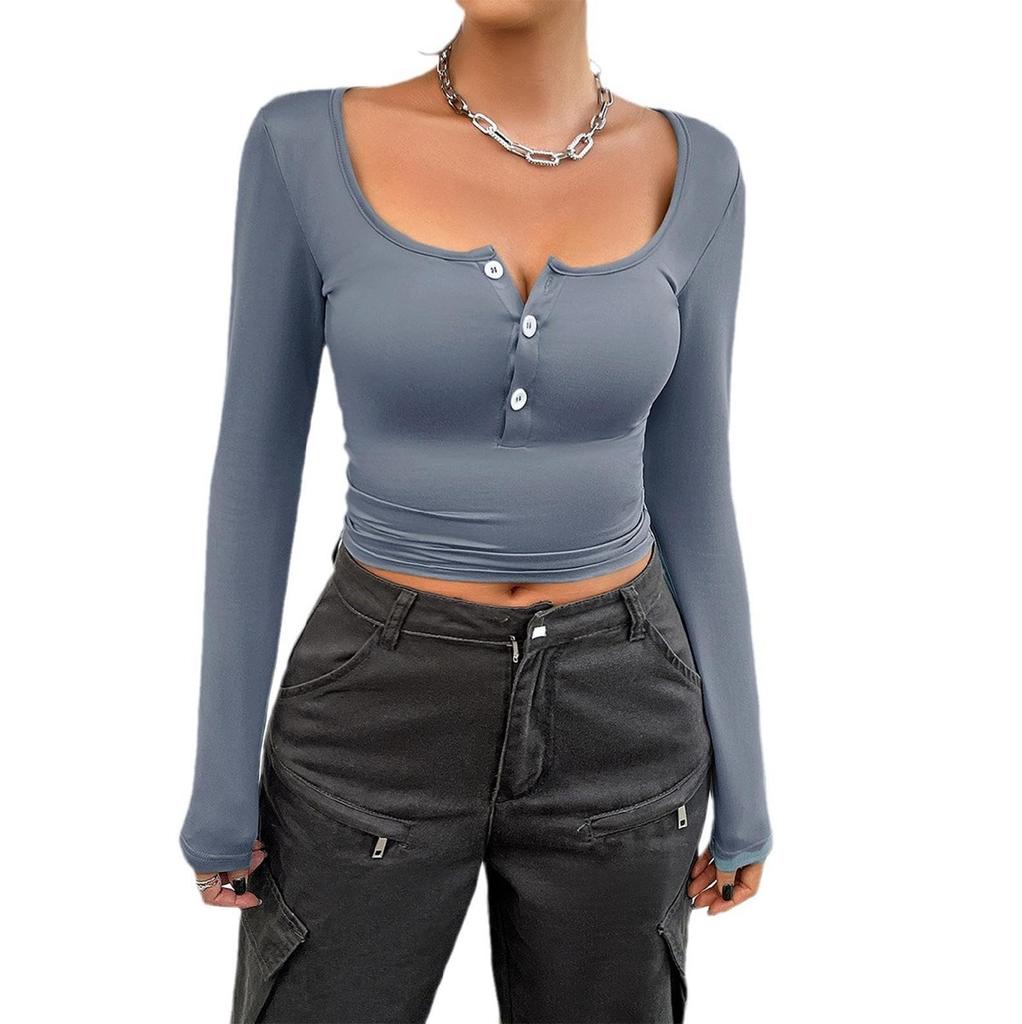 Women's Sexy Summer Scoop Neck Long Sleeve T-Shirts Button Down Slim Fitted Casual Basic Top