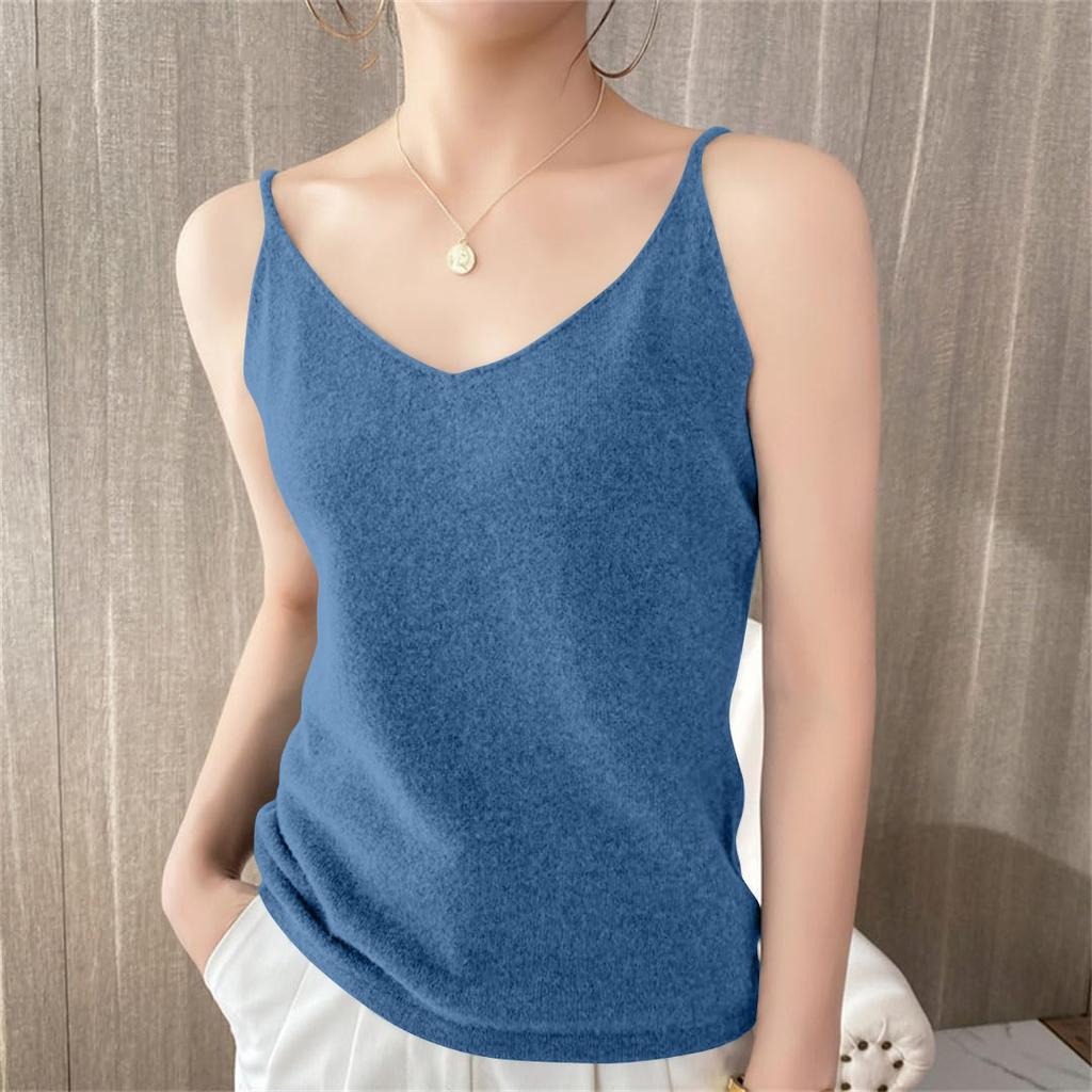 Женские трикотажные топы с V-образным вырезом, повседневные блузки без рукавов, однотонные базовые майки