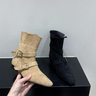 Толстый каблук ретро хаки замшевые ковбойские сапоги короткие сапоги женская обувь 2024 новые весенние и осенние одинарные сапоги маленькие голые сапоги