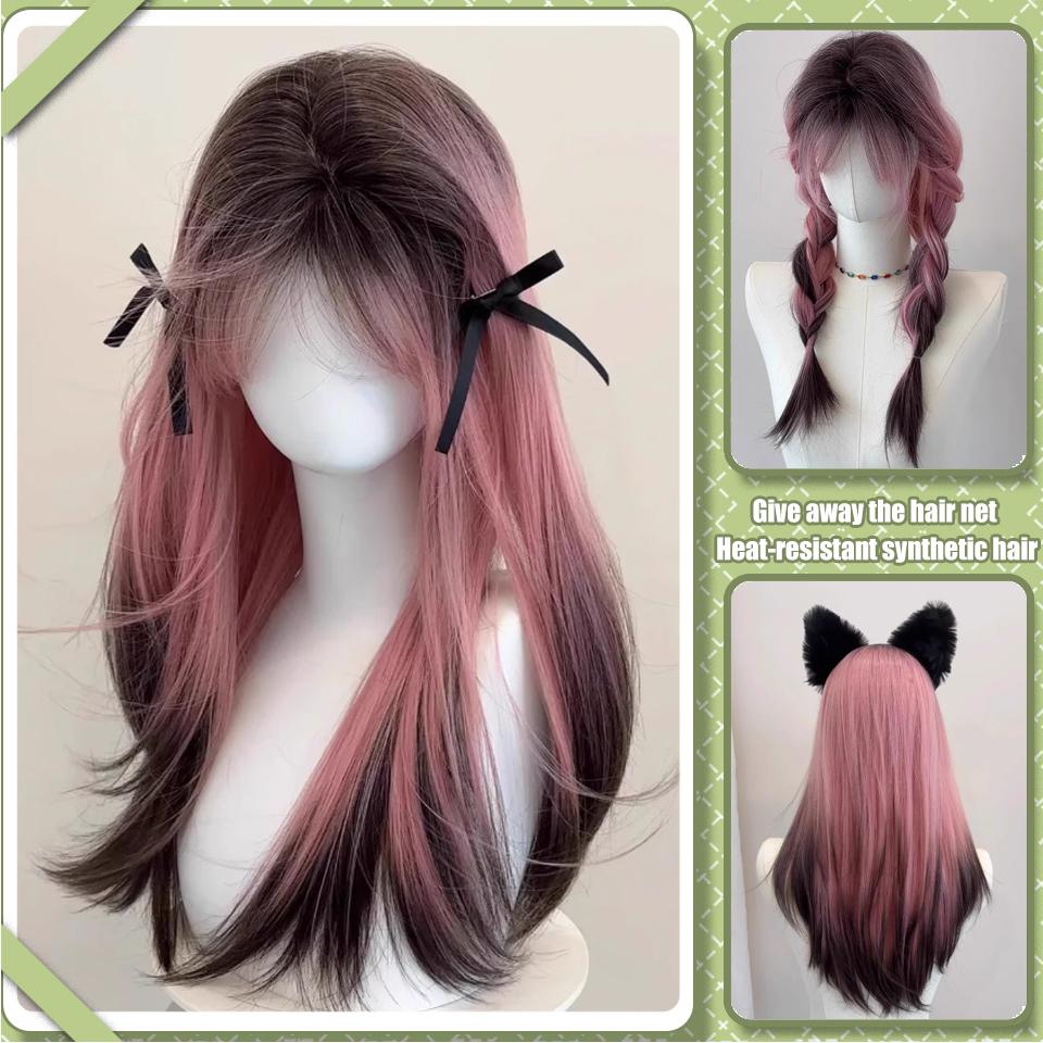 Розовый сиамский кошачий градиентный синтетический парик женский Лолита градиент длинные волосы коллекция градиент новый Cos полное покрытие головы