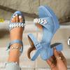 Модные босоножки на высоком толстом каблуке, летние новинки, с круглым носком, открытым носком, жемчужным цветком, из денима, водонепроницаемые, на платформе, римские женские туфли