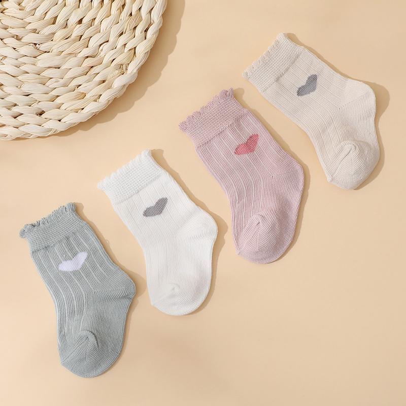 4Pairs Cute Heart Baby Socks Spring Summer Children Cotton Sock 0-2Year Girl Newborn Footwear Solid Color Love Middle Tube Socks