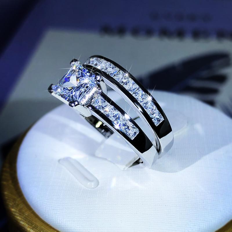 Кольцо из стерлингового серебра с двойным рядом цирконов микро-паве, свадебный набор с бриллиантами, кольцо с цирконом для пары