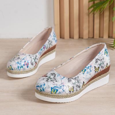 Модные туфли на покатом каблуке, осенние, новые, с круглым носком, с мелким горлом, с принтом, с плетеной соломенной подошвой, легкие, с мягкой подошвой, женские туфли