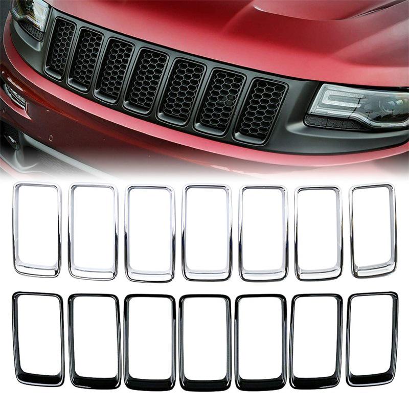 Черные АБС-кольца-накладки на переднюю и заднюю решетки для Jeep Grand Cherokee 2014-2016