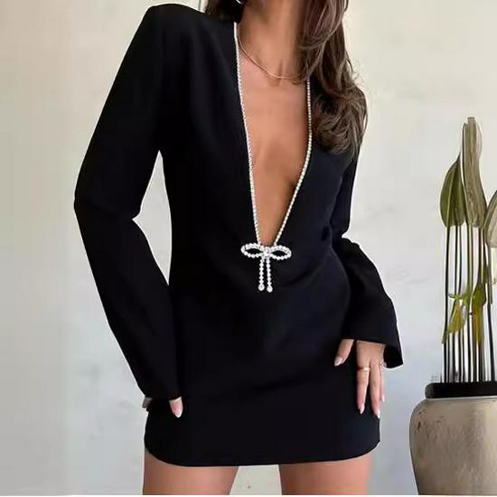 Женское модное платье с V-образным вырезом и длинными рукавами в европейском и американском стиле 2024 года — коллекция осень/зима