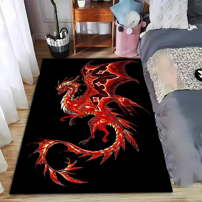 "Fiery Red Dragon Pattern Rug with Black Background for Home Decor" Suitable for use as an anti-slip for living room bedroom sofas