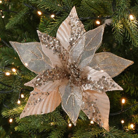 11" Рождественские Искусственные Цветы Блестки Пайетки Пуансеттия Цветок Ткань Искусственные Цветочные Пики для Украшения Рождественской Елки Свадьба День Рождения Венок Декор