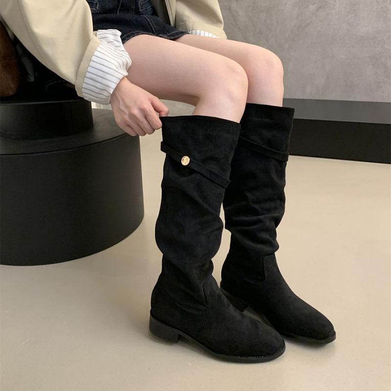 Comemore Замшевые ботфорты женские 2025 Новые осенние ретро плиссированные туфли на толстом каблуке для женщин Однотонные длинные ботфорты женские
