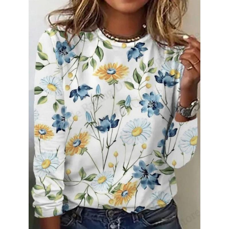2025 New Floral 3d Print T-Shirt Casual Crew Neck Long Sleeve T-shirt Women's Clothing Fashion Casual Oversized Tops Tees Female