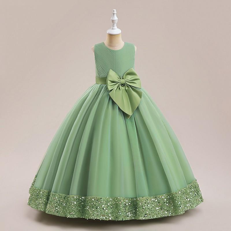 Girls Long Satin Bow Princess Dress Kids Formal Party Gown 8-14 Years Multiple Colors
