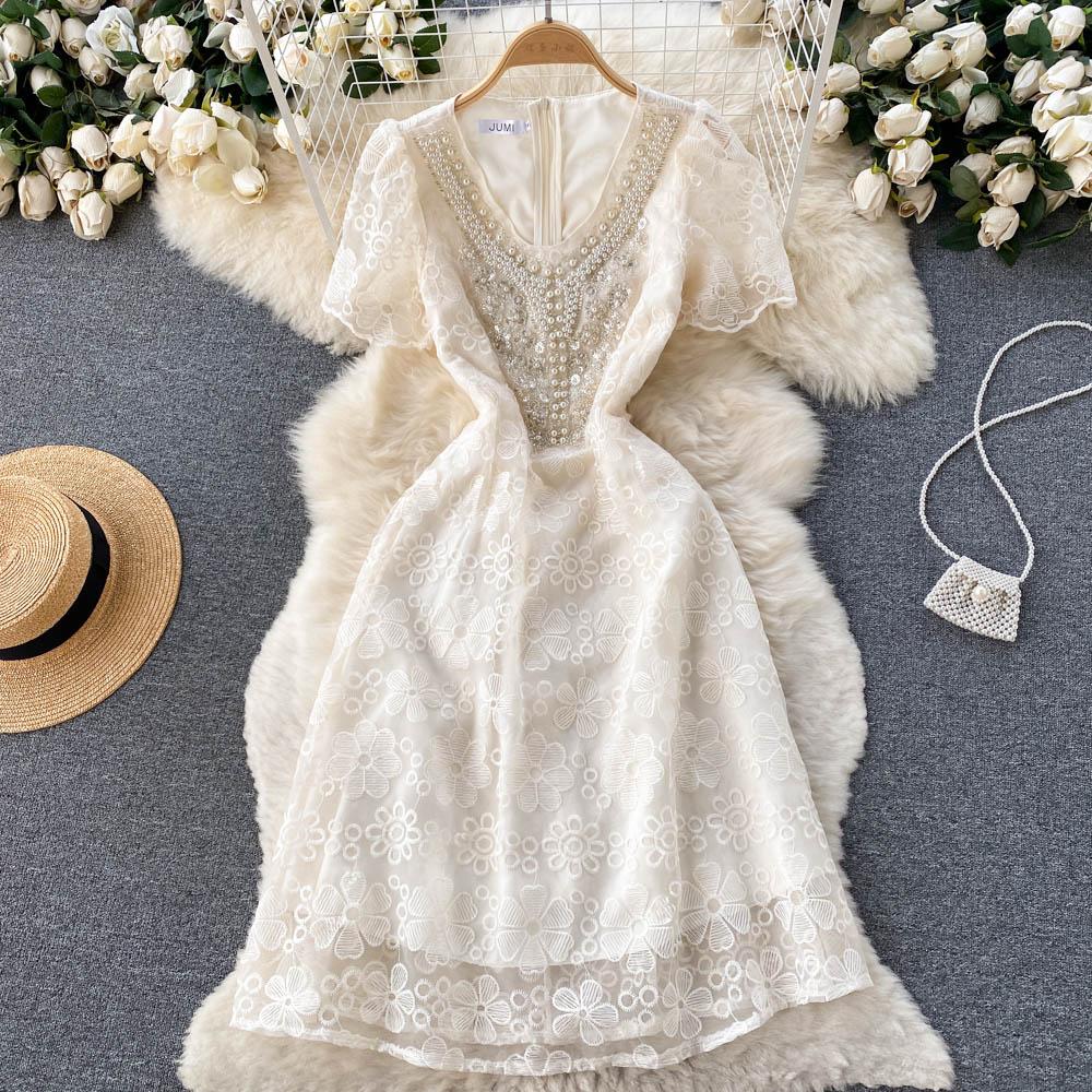 Women Fashion Mesh Flower Embroidery Luxury Beading Party Dinner Dresses Lady Elegant Retro V-neck Midi Evening Sundress