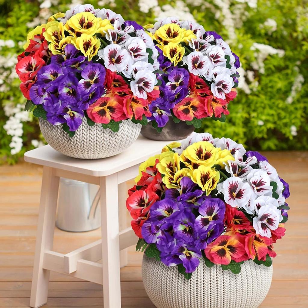 10 шт. Искусственные трехцветные анютины глазки - Яркие смешанные цвета для улицы/дома Реалистичные искусственные цветы - Праздничный цветочный декор