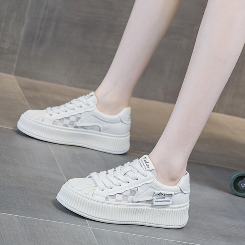 Белые туфли с мыском-ракушкой для женщин весна и лето дышащие и удобные повседневные туфли на толстой подошве с увеличением роста кроссовки на шнуровке