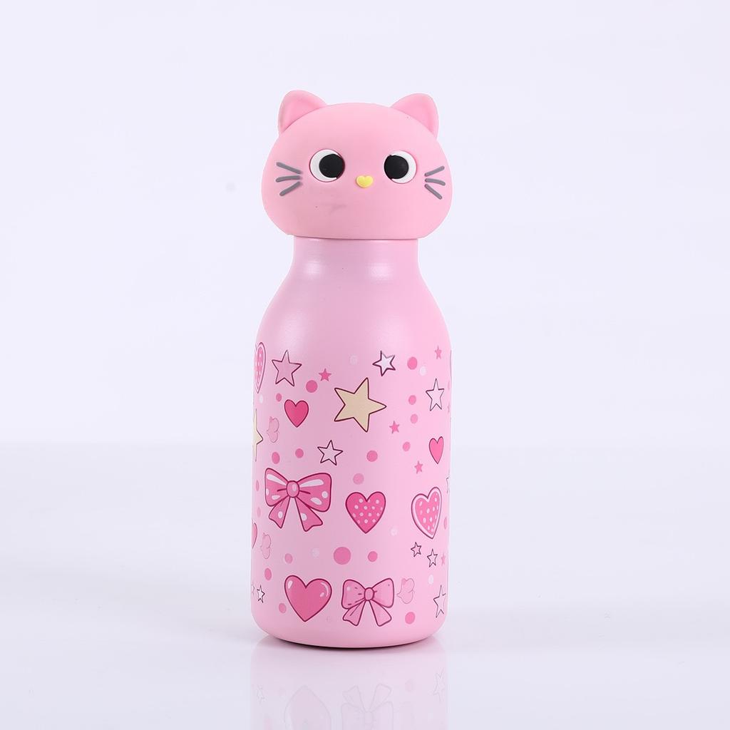 Insulated Stainless Steel Water Bottle with Cat Detachable Soft Head Cartoon Cat Shaped Thermos Bottle With Straw For Kids