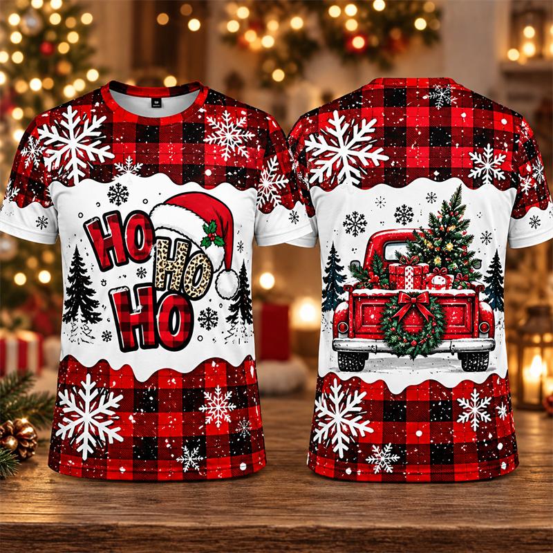 HO HO HO Santa Claus Graphic T Shirt Buffalo Plaid Christmas Print Short Sleeve Crew Neck Funny Xmas Holiday Party Tee