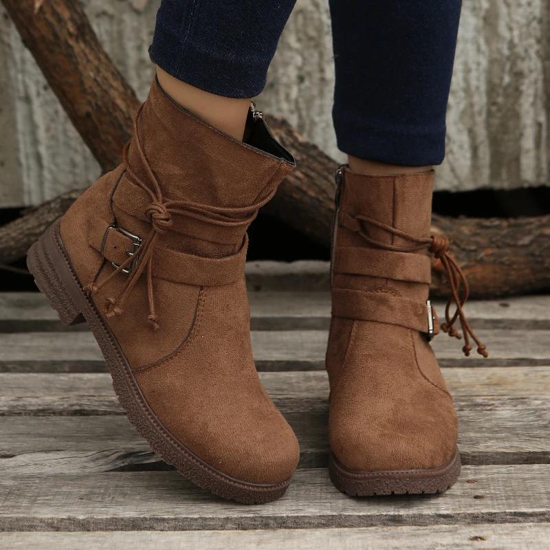 Модные женские ботильоны Botines, осенние новые замшевые ботинки на высоком каблуке в стиле ретро, повседневные женские туфли больших размеров с пряжкой и молнией, короткие ботинки