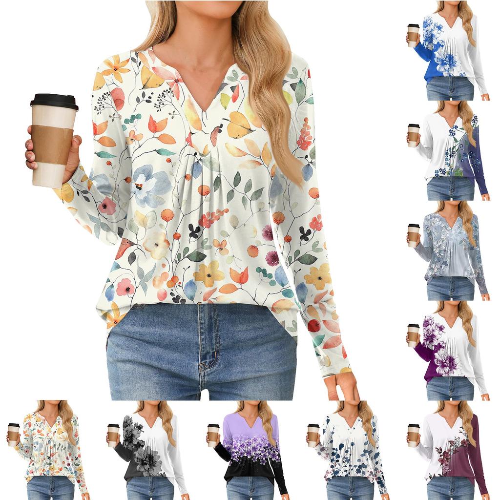 Women's Fashion Casual Long Sleeve Shirt Floral Printed V Neck Up Tops