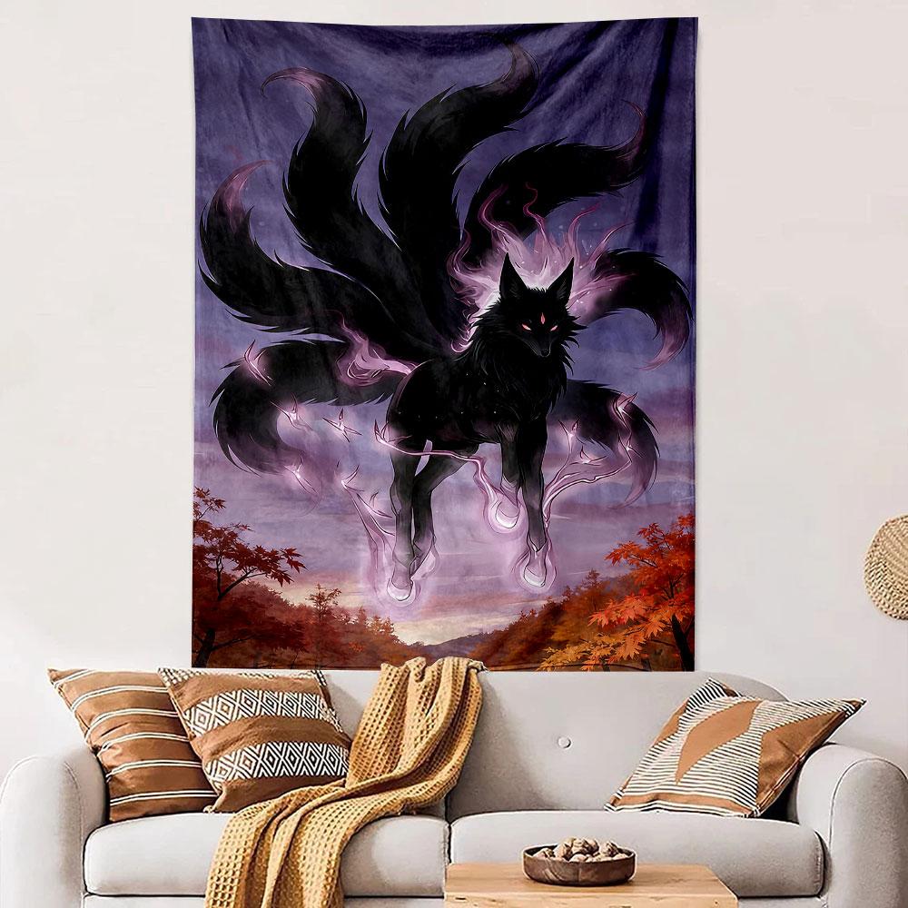 "Dark Mystic Nine-Tailed Fox Design" Patterned tapestry home decor, suitable for bedroom and living room, gift