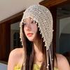 Hollow Pearl Fringed Pendant Baotou Hat Women's Summer Famous Style Knitted Pullover Hat Retro Face Hat