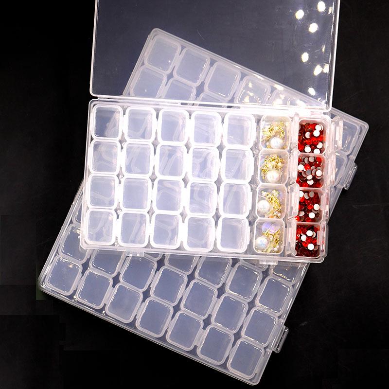 Small Jewelry Storage Box with 28 Grids, Perfect for DIY, Nail Art, Medicine & Accessories. Flat Bottom Diamond Plastic Design.