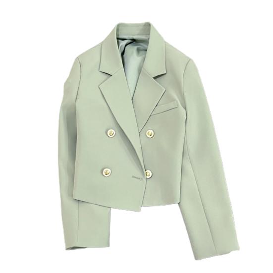 Spring Women Breasted Office Cropped Blazer Lapel Solid Color Long Sleeve Double Jacket Suit Coat