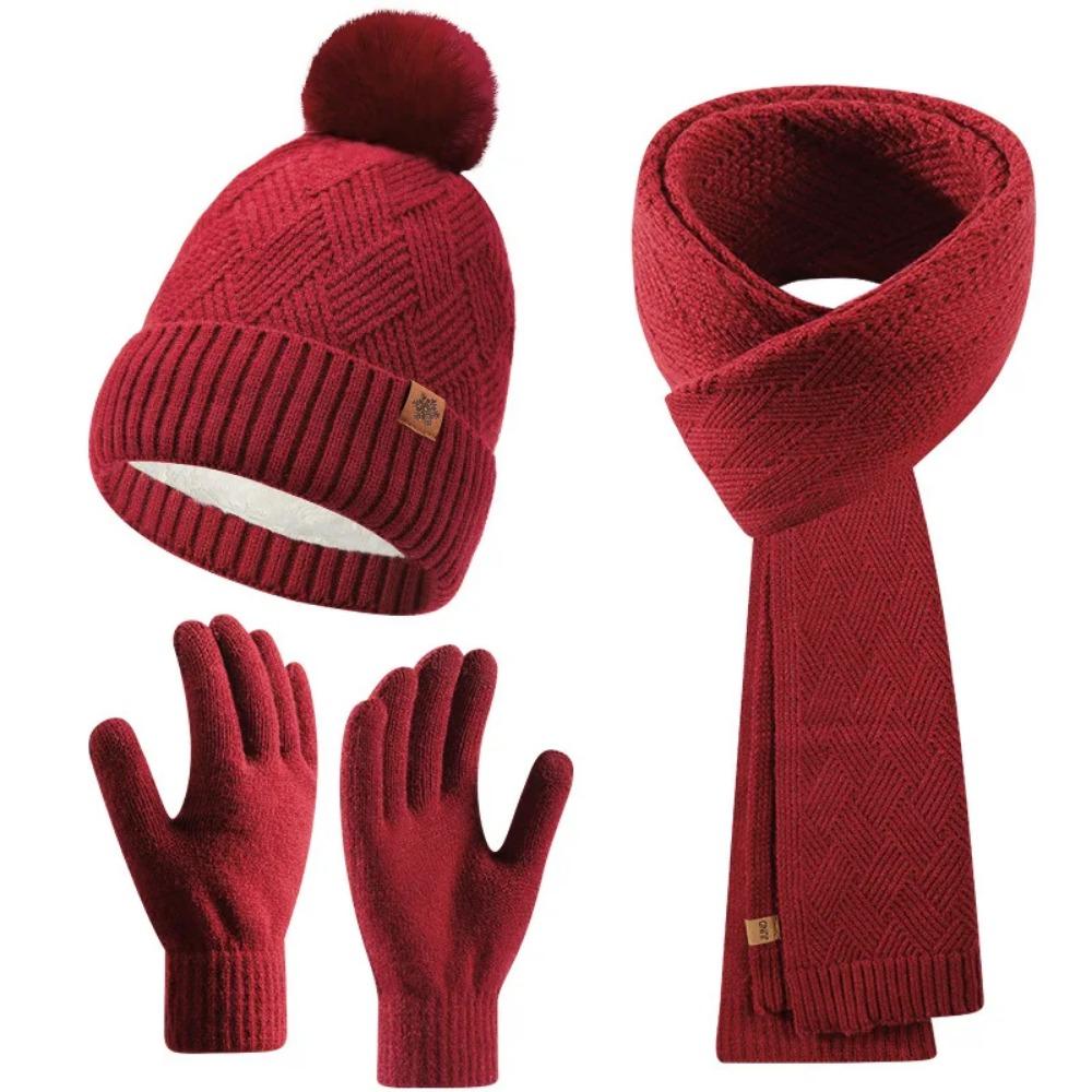 3pcs Wool Hat Scarf Gloves Set Solid Color Winter Beanie Hat Neck Warmer Thermal Knit Cap Winter