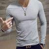 7 цветов мужские повседневные облегающие однотонные хлопковые футболки с длинным рукавом и v-образным вырезом