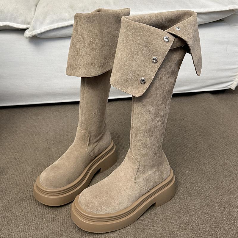 Женские сапоги на толстой подошве 2025 новая осень и зима замшевые ботфорты женские тонкие высокие сапоги-рыцари