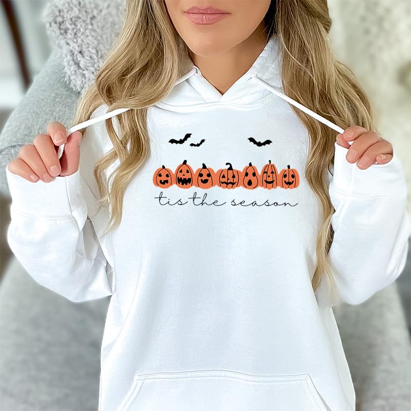Happy Halloween Pumpkins Tis The Beason Hoodies Casual Long Sleeves Hooded Sweatshirts Cool Halloween Women Pullover Tops