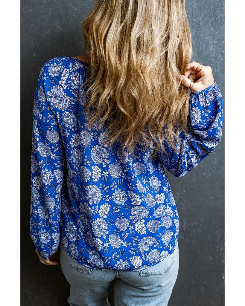 Azura Exchange Blue Floral Notched V-Neck Long Sleeve Blouse