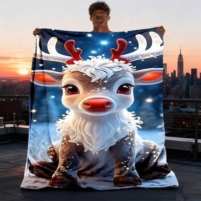 1pc Reindeer Winter Wonderland Outdoor Flannel Blanket , Machine Washable Perfect Gift for Birthday , Holiday Travel Accessory , Durable Material