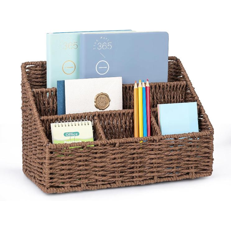 Rattan Desk Organizer, Tabletop Mail Holder, 5 Slot Mail Organizer Countertop Basket, Rattan Office Supplies, Boho Office Desk Accessories, Wicker