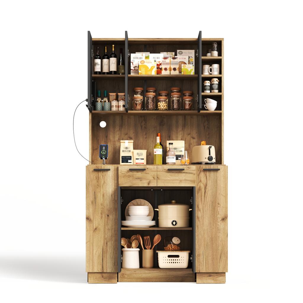 Kitchen Cabinet with LED, Shelf with Socket and 4-Tier Pull-Out Spice Rack, Wine Rack and Display Cabinet for Kitchen & Dining Room, 180 × 100 × 40 cm