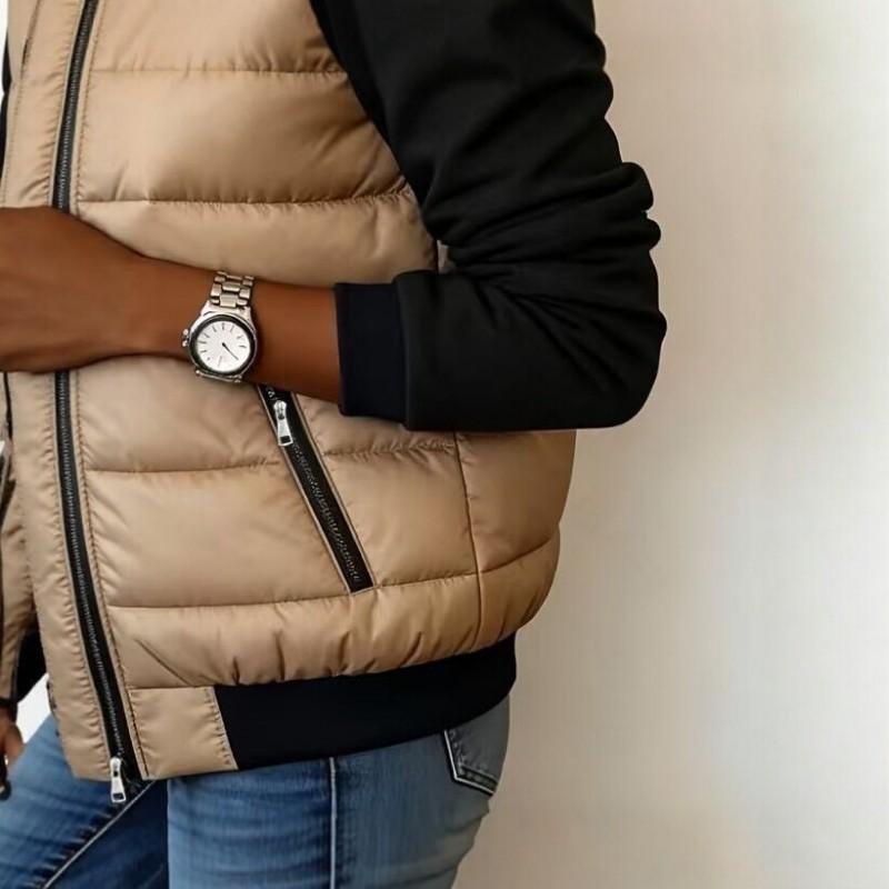 Womens Color Block Patchwork Fake Two-Piece Hooded Cotton Coat Zip Pocket Daily Commute Winter Outerwear