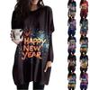 Womens Printing O-Neck Sweatshirt Long Sleeve Printed Shirt Dress Oversized Loose Fit Pullover Tops With Pockets