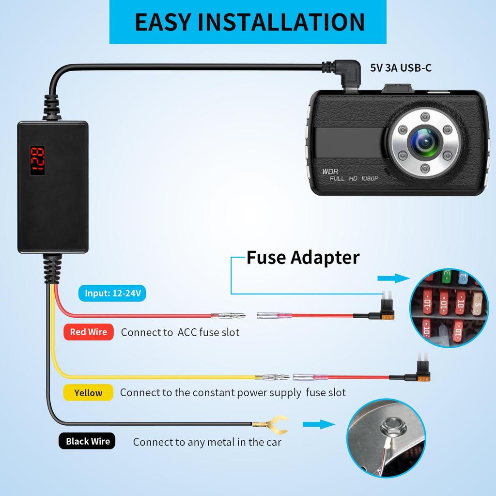 Регулируемое напряжение Автомобильное зарядное устройство с таймлапс видеорегистратором и цифровым дисплеем