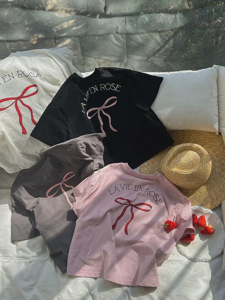 Свободное платье-футболка в корейском стиле для девочек с бантом сзади - летняя одежда с короткими рукавами, средний размер