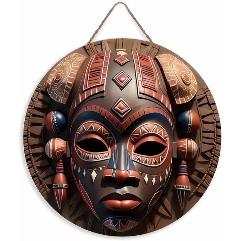 Wood Unique African Mask Circular Wooden Sign with Artistic Design, Suitable for Door, Wall, Home, Room, Farmhouse, Street, Shop, Garage, Bar, Garden