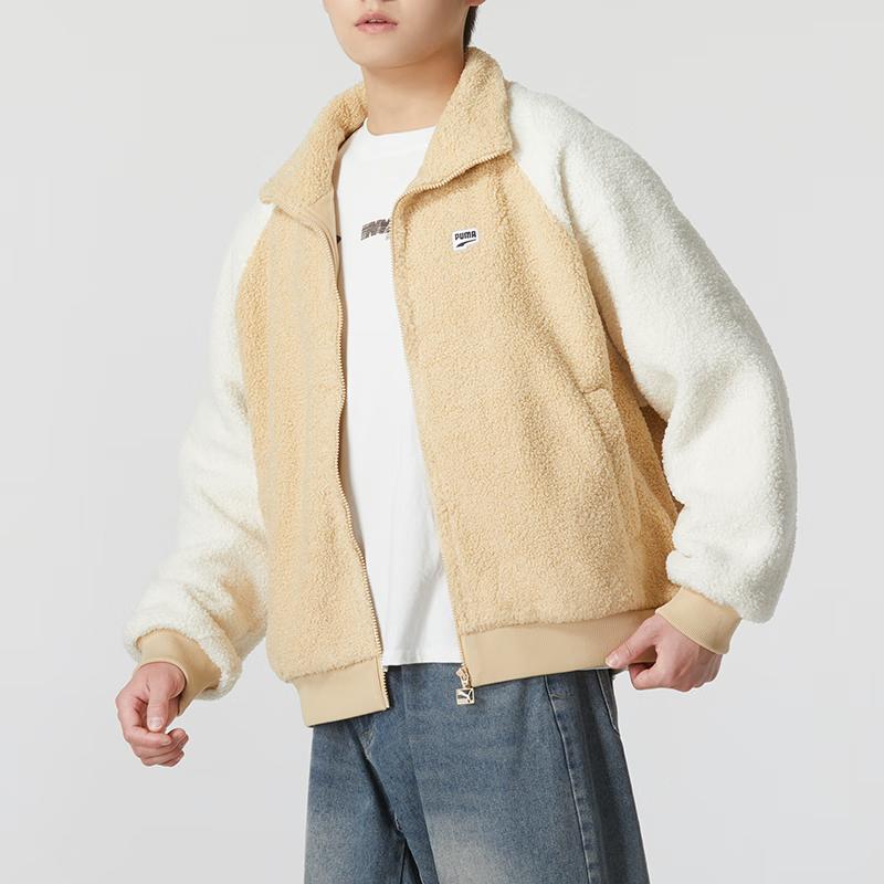 Puma FW22 Color Block Faux Shearling Zip Jacket Unisex Jackets Coffee 539569-20