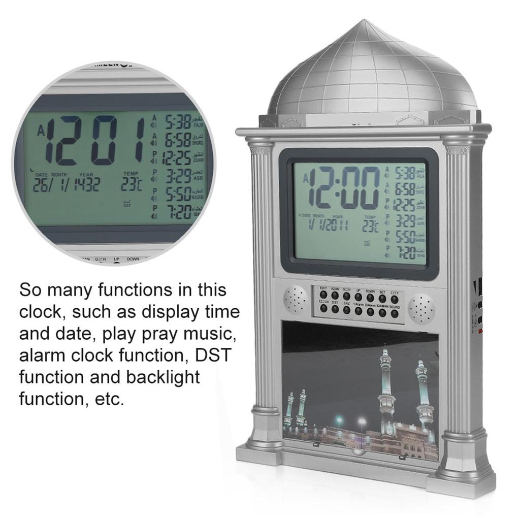 1Pcs Plastic Islamic Prayer Digital Calender Time Display Alarm Wall Clock(grey)
