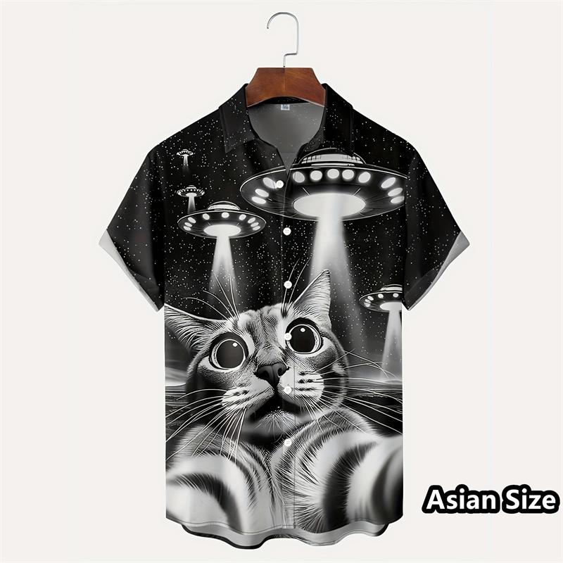 Fashion 3D Printed Cat Hawaiian Shirt Summer Street Short Sleeves Button Down Animal Graphic Shirts Women Beach Lapel Blouse
