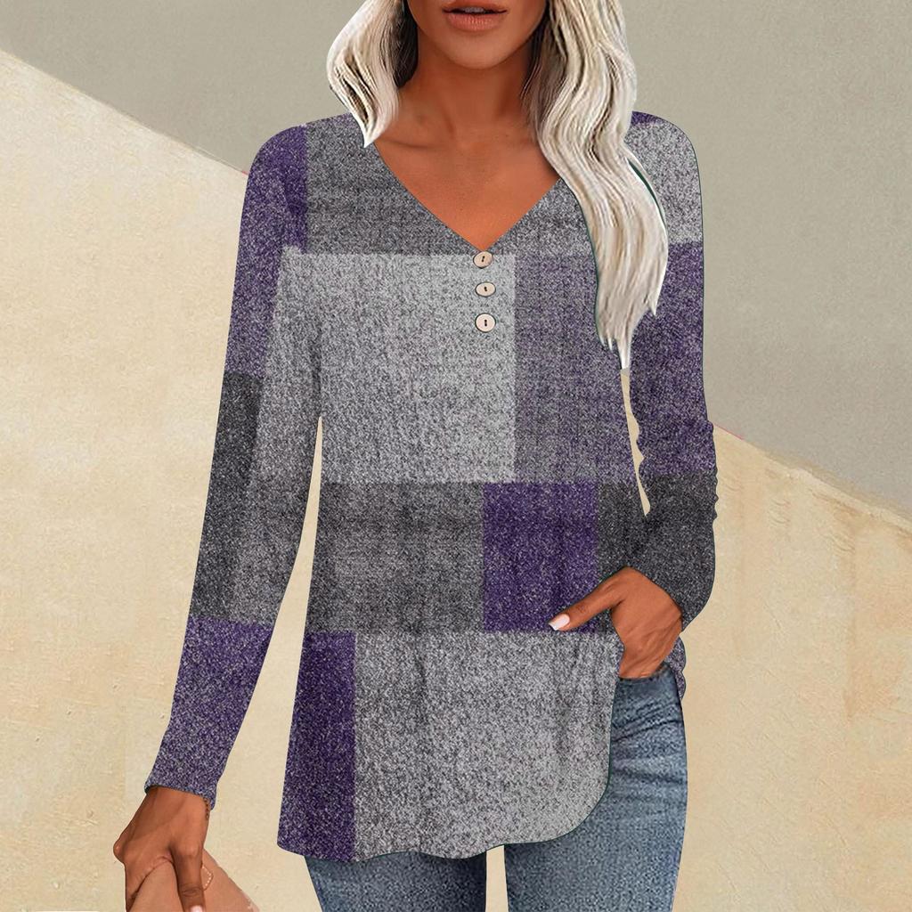 Fashion Tops Casual Pleated V-Neck Carpet Checkered Print Long Sleeve T-Shirt