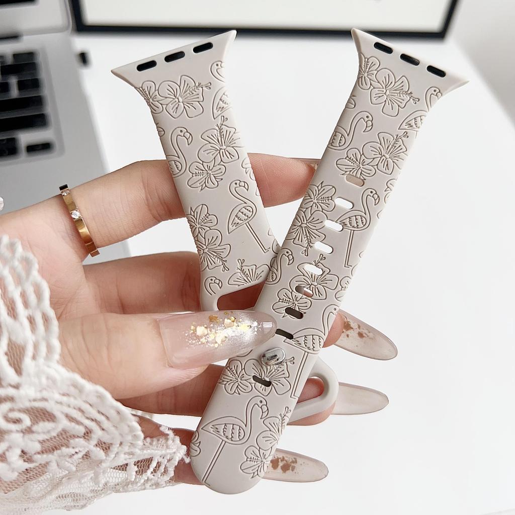 Силиконовый резной цветок фламинго, подходящий для часов Apple Watch, ремешок Apple Watch для iWatch, спортивный рельефный ремешок