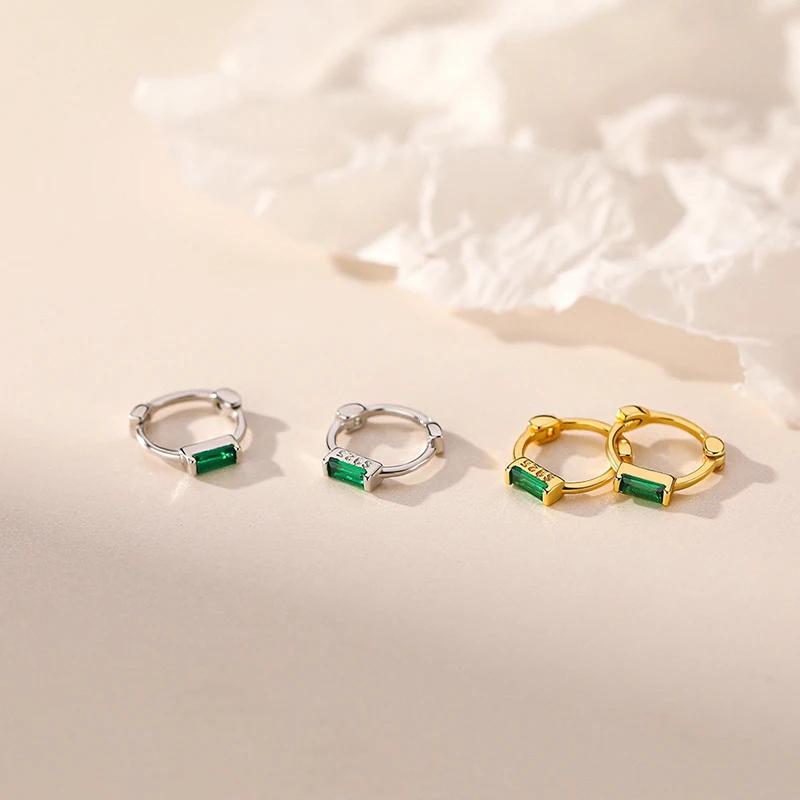 Simple Silver Color Rectangle Zircon Hoop Earrings Mini Circle Green Stone Second Hole Cartilage Earring Button Jewelry