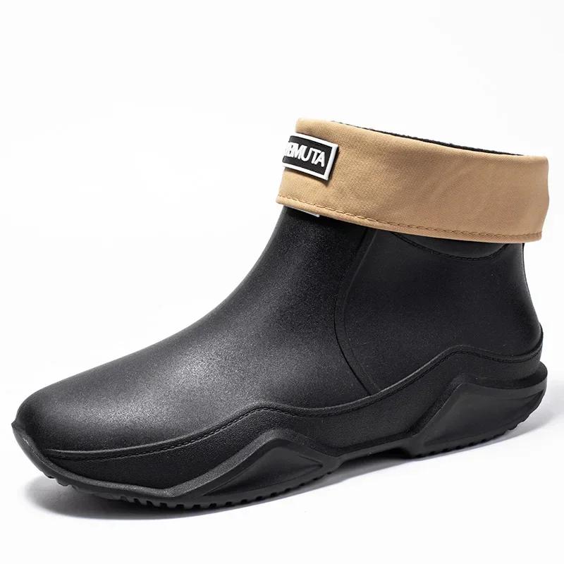 Fashion Fashion Low Top Couple's Rain Boots Men's Non-slip Chef and Work Shoe Car Wash Shoes Wear-resistant Velvet Plus Warm Water Boot