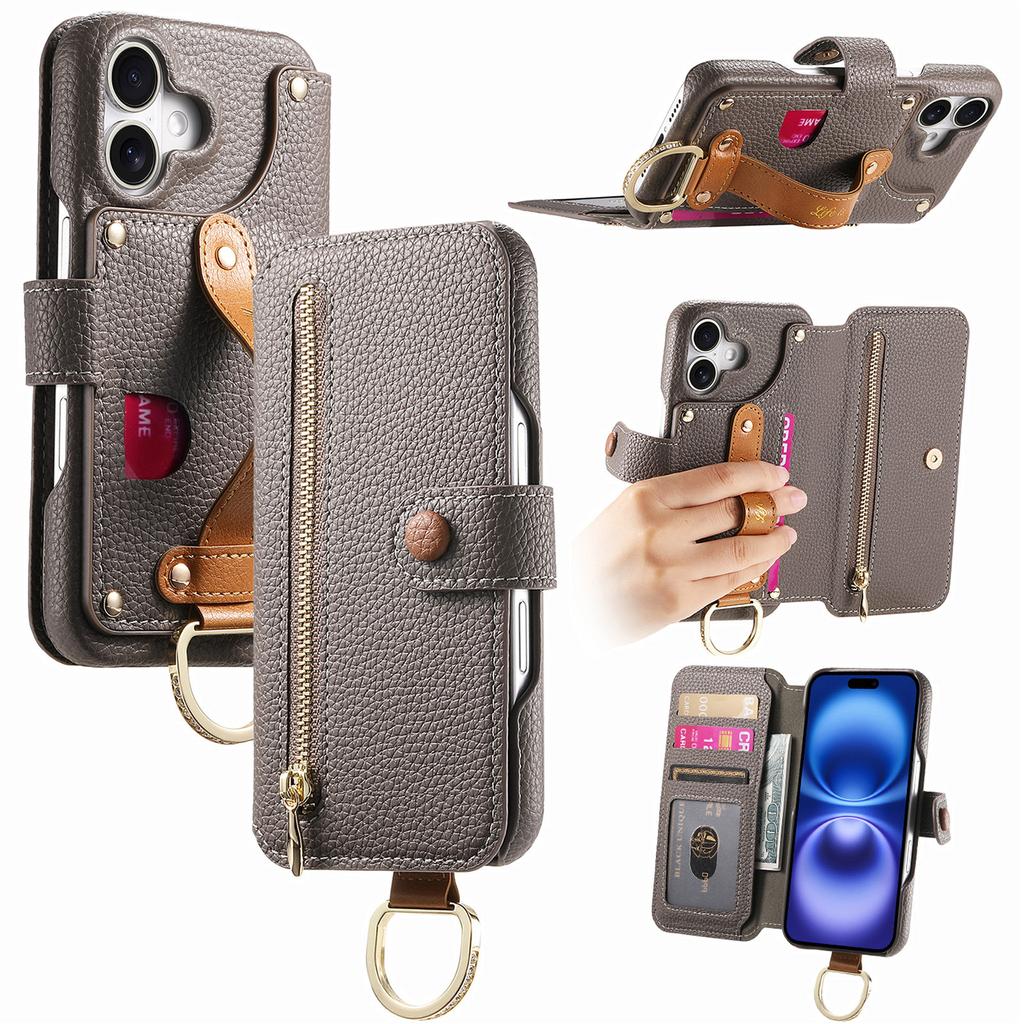 For iPhone 16 Case RFID Blocking Zipper Wallet PU Leather Mobile Cover - Pink