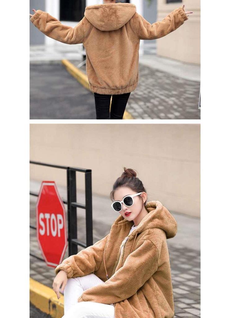 Женская фланелевая куртка средней длины с капюшоном - Корейский стиль, Свободный крой, Плюшевая, Теплая, С длинным рукавом