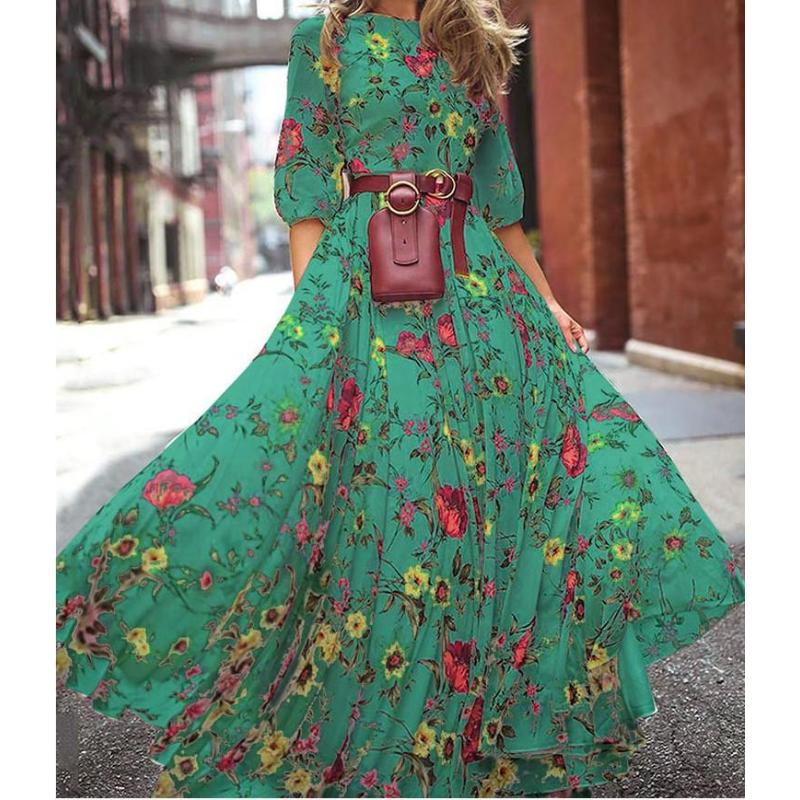 Новое женское повседневное элегантное платье с коротким рукавом в стиле бохо, праздничное платье макси с цветочным принтом, пляжное платье, вечернее платье
