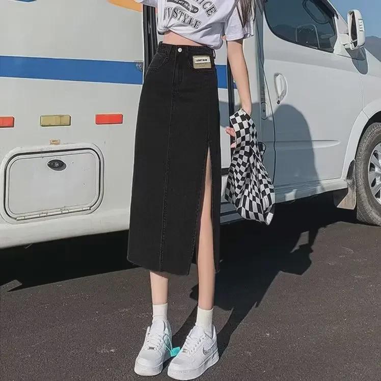 Женская летняя джинсовая юбка А-силуэта с разрезом, с высокой посадкой, 2023 - Приталенная, для миниатюрных, средней длины